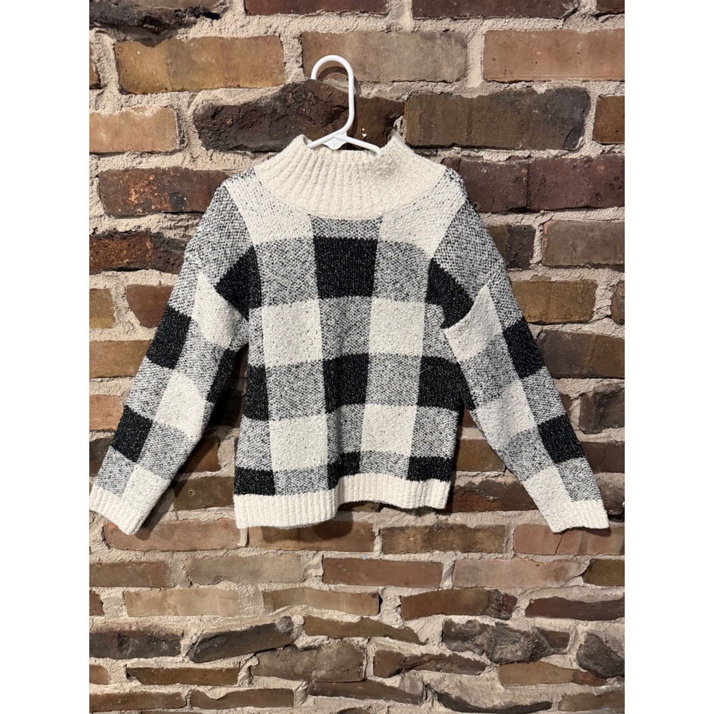 Cat & Jack Sweater Kids Medium 7/8 White Black Preppy Minimalist Buffalo Plaid